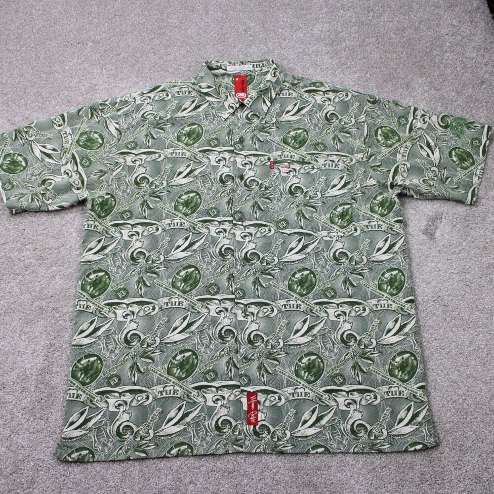 VTG Marc Ecko AOP Polo Shirt Mens‎ XL Green Money All Over Print S/S Pullover